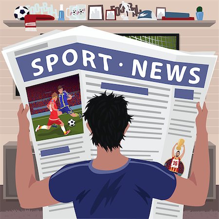 Young man reading sports news in newspaper. Football fan interesting in results of soccer game. Realistic cartoon style Stock Photo - Budget Royalty-Free & Subscription, Code: 400-09152169