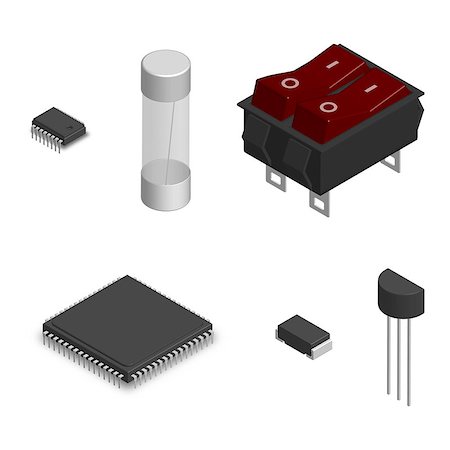 simsearch:400-09120941,k - Set of different active and passive electronic components isolated on white background. Resistor, capacitor, diode, microcircuit, fuse and button. 3D isometric style, vector illustration. Stock Photo - Budget Royalty-Free & Subscription, Code: 400-09152171