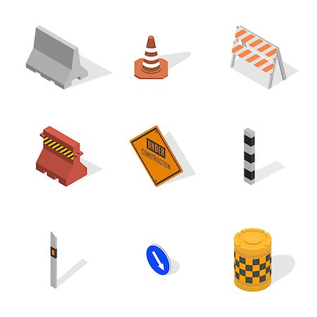 simsearch:400-06096567,k - Set of different signs road repairs, isolated on white background. Under construction design elements. Flat 3D isometric style, vector illustration. Foto de stock - Super Valor sin royalties y Suscripción, Código: 400-09152172