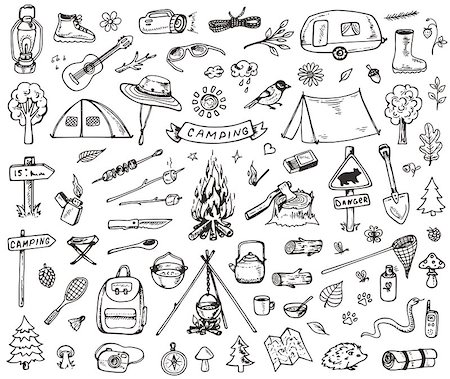 Set of doodle forest camping design elements. Hand drawn vector illustrations isolated on a white background. Stock Photo - Budget Royalty-Free & Subscription, Code: 400-09152297