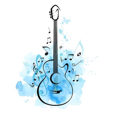 Abstract music poster with guitar and notes on a blue watercolor background. Vector illustration. Stock Photo - Budget Royalty-Free & Subscription, Code: 400-09152299