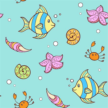 flounder - Doodle summer marine seamless pattern with fish and sea shells. Vector illustration. Stock Photo - Budget Royalty-Free & Subscription, Code: 400-09152293