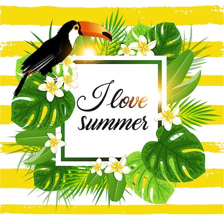 simsearch:400-09048464,k - Tropical background with palm leaves and toucan bird. Abstract yellow striped tropical summer banner. Stockbilder - Microstock & Abonnement, Bildnummer: 400-09152303