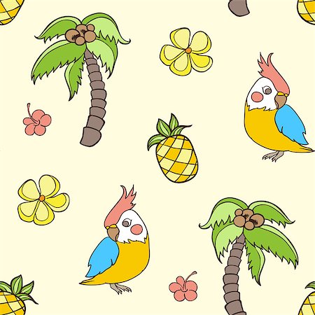 simsearch:400-09011216,k - Doodle tropical seamless pattern with palm tree and parrot. Vector illustration Foto de stock - Super Valor sin royalties y Suscripción, Código: 400-09152315