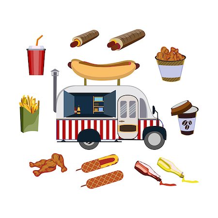 Concept on street food, hot-dogs. Set with car and fastfood, vector Stock Photo - Budget Royalty-Free & Subscription, Code: 400-09152325