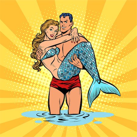 Couple in love. Mermaid and handsome male swimmer. Pop art retro vector illustration comic cartoon kitsch drawing Stock Photo - Budget Royalty-Free & Subscription, Code: 400-09152335