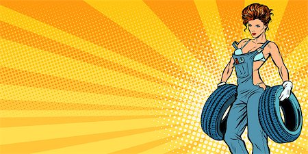 female mechanic - Sexy woman with tires, car service background. Pop art retro vector illustration comic cartoon kitsch drawing Foto de stock - Super Valor sin royalties y Suscripción, Código: 400-09152349