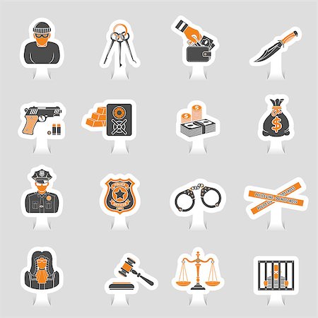 simsearch:400-04955113,k - Set Crime and Punishment Icons Sticker Set in flat style. Thief, Money, Gun, Policeman, judge, handcuffs and prison. Vector illustration Stock Photo - Budget Royalty-Free & Subscription, Code: 400-09152454