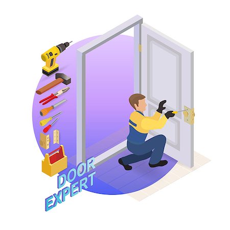 Isometric interior repairs concept. The worker dressed in a blue overalls installs a door knob. Repairer in uniform holds a screwdriver. Builder squats at the door leaf and fixes a door handle. Vector Photographie de stock - Aubaine LD & Abonnement, Code: 400-09152563