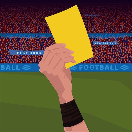 Close up of soccer referee hand holding yellow card. Football field and spectators area on background. Caution player concept. Realistic cartoon style Stock Photo - Budget Royalty-Free & Subscription, Code: 400-09152615