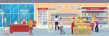 Modern supermarket with goods, buyers and employees of the store. Scene inside shopping mall. The interior of the trading center. Colorful highly detailed vector llustration in flat style. Photographie de stock - Aubaine LD & Abonnement, Code: 400-09152717