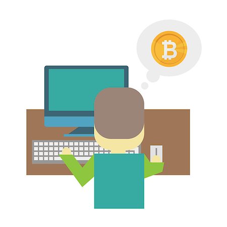 Cartoon flat illustration - mining bitcoin. A young man nerd sits behind a Desk with a computer laptop. Earning money on the Internet. Intellectual labour Foto de stock - Super Valor sin royalties y Suscripción, Código: 400-09152795