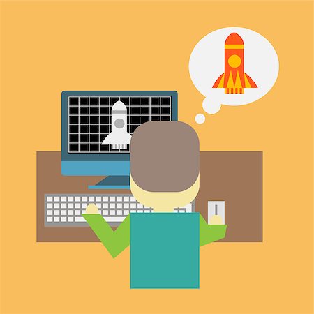 Man in front of pc with a rocket taking off. Startup or modeling concept - Cartoon flat illustration Stockbilder - Microstock & Abonnement, Bildnummer: 400-09152796