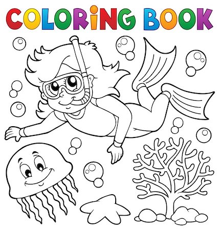 simsearch:400-08052219,k - Coloring book girl snorkel diver - eps10 vector illustration. Stock Photo - Budget Royalty-Free & Subscription, Code: 400-09152813