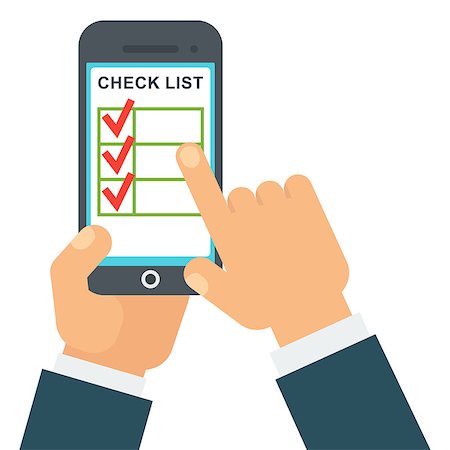 Checklist in smartphone. Program for audit, verification, management. Hands of businessman mark points on screen of device. Flat vector cartoon illustration. Objects isolated on white background. Stock Photo - Budget Royalty-Free & Subscription, Code: 400-09152925