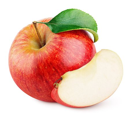 simsearch:400-09066237,k - Ripe red apple fruit with apple slice without seed and green leaf isolated on white background with clipping path Photographie de stock - Aubaine LD & Abonnement, Code: 400-09152962