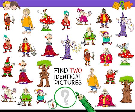 Cartoon Illustration of Finding Two Identical Pictures Educational Game for Children with Fairy Tale Characters Stock Photo - Budget Royalty-Free & Subscription, Code: 400-09152994