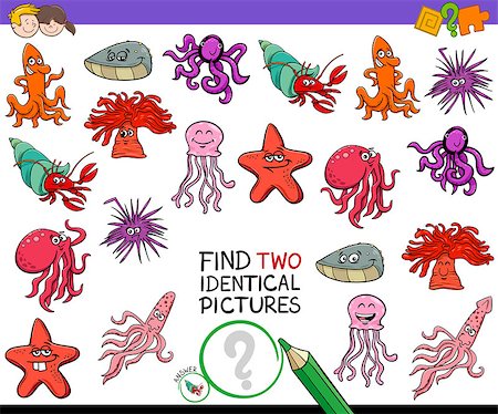 Cartoon Illustration of Finding Two Identical Pictures Educational Game for Children with Sea Life Animal Characters Foto de stock - Super Valor sin royalties y Suscripción, Código: 400-09152995