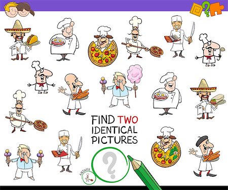 Cartoon Illustration of Finding Two Identical Pictures Educational Game for Children with Chef Characters and Food Stock Photo - Budget Royalty-Free & Subscription, Code: 400-09152996