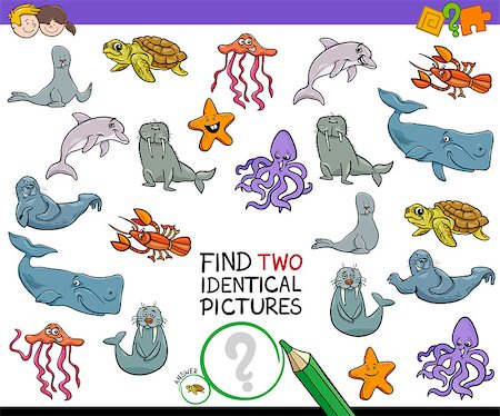 Cartoon Illustration of Finding Two Identical Pictures Educational Game for Children with Marine Life Animal Characters Stock Photo - Budget Royalty-Free & Subscription, Code: 400-09152997