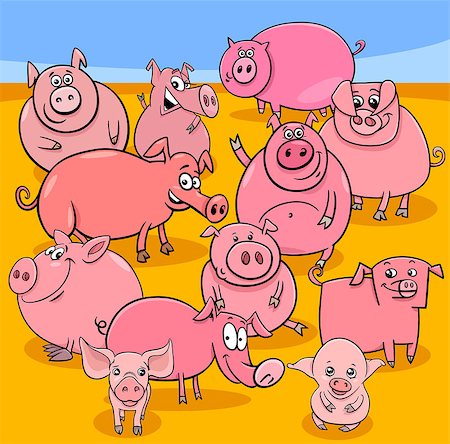 simsearch:625-00849435,k - Cartoon Illustration of Funny Pigs Farm Animal Characters Group Stock Photo - Budget Royalty-Free & Subscription, Code: 400-09153002