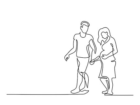 Continuous line drawing. Happy pregnant woman walking with her husband, silhouette picture. Vector illustration Stock Photo - Budget Royalty-Free & Subscription, Code: 400-09153249