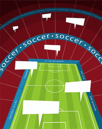 A huge soccer stadium with speech bubbles. View of whole football pitch from top seats in spectator area. Communication during gameplay concept. Cartoon style Stock Photo - Budget Royalty-Free & Subscription, Code: 400-09153263