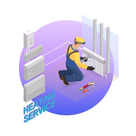 Home repair isometric template. Heating service. Installing thermal system. Repairer is fixing radiator. Builder in uniform holds a tool.  Heating worker and tools. Vector flat 3d illustration. Foto de stock - Super Valor sin royalties y Suscripción, Código: 400-09153336