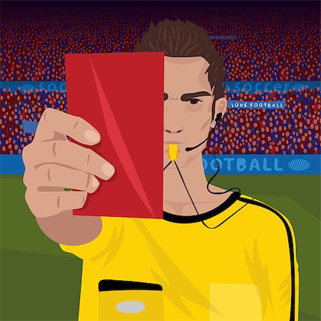 Close up of soccer referee whistling and holding red card. Football field and spectators area on background. Removal player concept. Realistic cartoon style Stock Photo - Budget Royalty-Free & Subscription, Code: 400-09153364