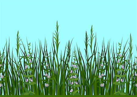 simsearch:400-06918933,k - Seamless Horizontal Background, Nature, Landscape with Fresh Green Grass, Leaves, Lilac Flowers and Blue Sky, Tile Pattern for Your Design. Vector Foto de stock - Super Valor sin royalties y Suscripción, Código: 400-09153400