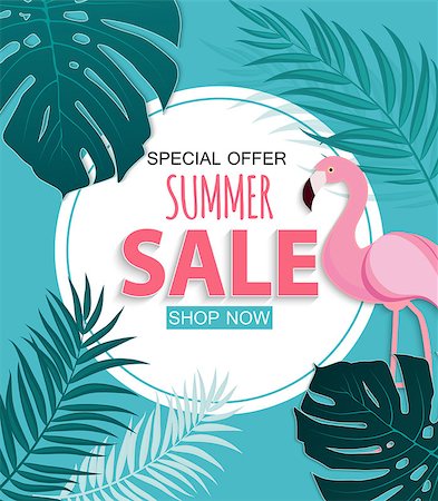 flamingo not pink not bird - Abstract Tropical Summer Sale Background with Flamingo and Leaves. Vector Illustration EPS10 Stock Photo - Budget Royalty-Free & Subscription, Code: 400-09153546