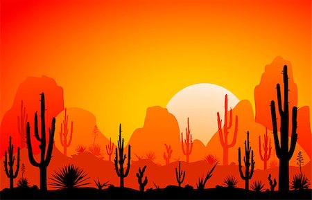 desert sunset landscape cactus - Sunset in the desert. Silhouettes of stones, cacti and plants. Desert landscape with cacti. The stony desert. Stock Photo - Budget Royalty-Free & Subscription, Code: 400-09153573