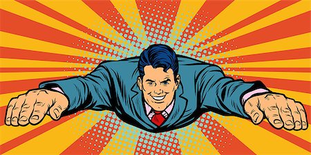 Joyful businessman flying, superhero. Pop art retro vector illustration comic cartoon kitsch drawing Stock Photo - Budget Royalty-Free & Subscription, Code: 400-09153615