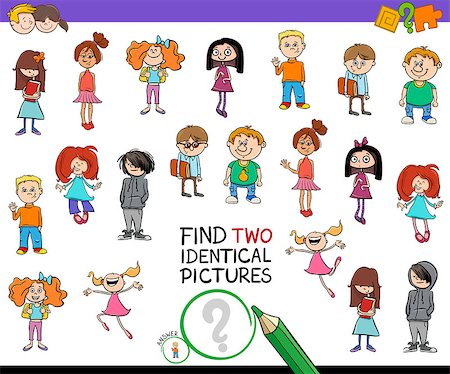 Cartoon Illustration of Finding Two Identical Pictures Educational Game for Kids with Girls and Boys Children Characters Stock Photo - Budget Royalty-Free & Subscription, Code: 400-09153668