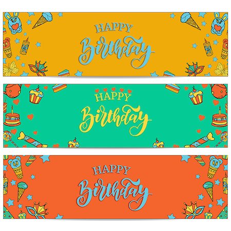 simsearch:400-04402561,k - Happy birthday banners collection. Set of greeting templates. Invitation cards to the party. Vector cards with cake, balloons, candy, gifts and caps. Foto de stock - Royalty-Free Super Valor e Assinatura, Número: 400-09153670