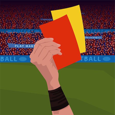 Close up of soccer referee hand holding red and yellow card. Football field and spectators area on background. Realistic cartoon style Stock Photo - Budget Royalty-Free & Subscription, Code: 400-09153684