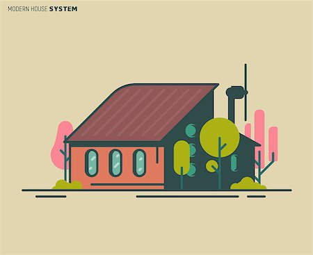 simsearch:400-08506414,k - Modern eco home illustration. Building modern design. Energy conservation and wind turbine. Flat vector linear illustration. Tree and bushes. Trendy line style vector. Foto de stock - Royalty-Free Super Valor e Assinatura, Número: 400-09153814