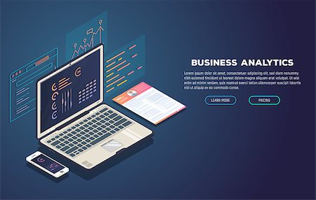 Isometric laptop with software for business analytic. Web pages and window with chart and financial report. Modern trendy gradient and isometric vector illustration. Fotografie stock - Microstock e Abbonamento, Codice: 400-09153813