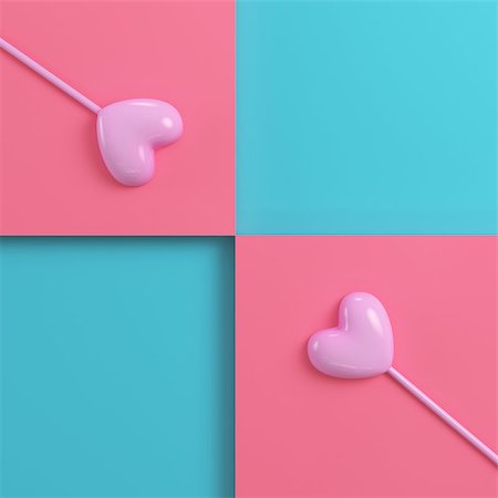 pastel color lollipop candy - Two pink hearts on a stick on bright red blue background in pastel colors. Top view. Minimalism concept. 3d render Stock Photo - Budget Royalty-Free & Subscription, Code: 400-09170544