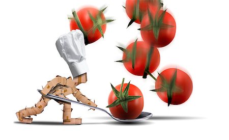 falling with box - Chef box character holding a large spoon catching tomatoes as they fall. White hat and white background. Cooking, job and food concept. Stock Photo - Budget Royalty-Free & Subscription, Code: 400-09170595