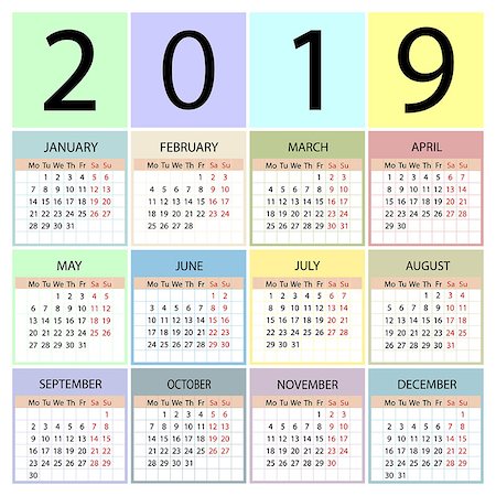 semana - Calendar 2019 year. Week starts with Monday. Vector illustration Foto de stock - Super Valor sin royalties y Suscripción, Código: 400-09170904