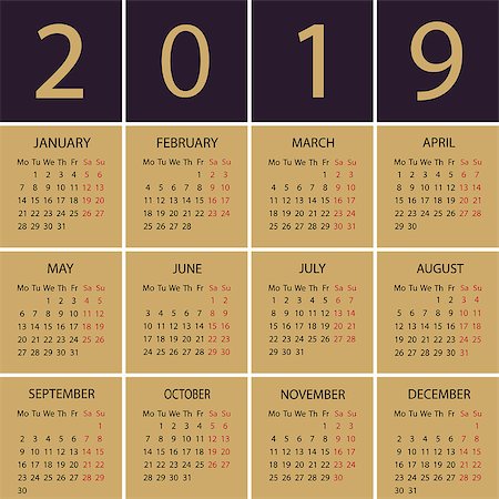 Calendar 2019 year. Week starts with Monday. Vector illustration Stock Photo - Budget Royalty-Free & Subscription, Code: 400-09170905