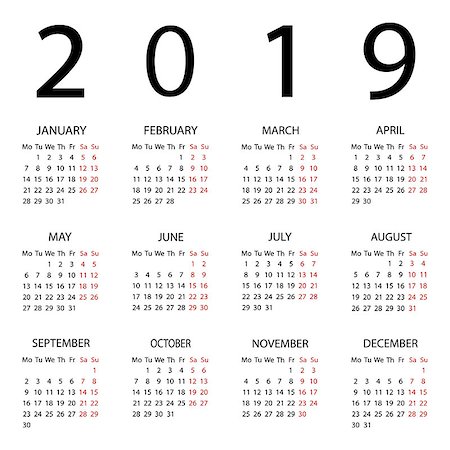 Calendar 2019 year. Week starts with Monday. Vector illustration Stock Photo - Budget Royalty-Free & Subscription, Code: 400-09170906