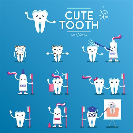 Cute happy smiling tooth. Flat cartoon character illustration. Care of teeth. Dental concept for children dentistry. Prevention of diseases of oral cavity. Stock Photo - Budget Royalty-Free & Subscription, Code: 400-09170991