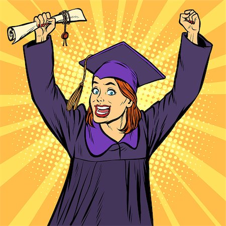 simsearch:400-07305822,k - joyful woman graduate victorious gesture hands up. Pop art retro vector illustration vintage kitsch drawing Stock Photo - Budget Royalty-Free & Subscription, Code: 400-09171339