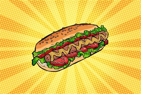 dog in heat - hot dog with salad and tomatoes. Pop art retro vector illustration kitsch vintage drawing Foto de stock - Super Valor sin royalties y Suscripción, Código: 400-09171342