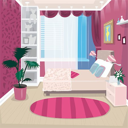 Empty pink children or nursery room for girl. Interior design repair in small bedroom. Expressive cartoon style Stock Photo - Budget Royalty-Free & Subscription, Code: 400-09171387