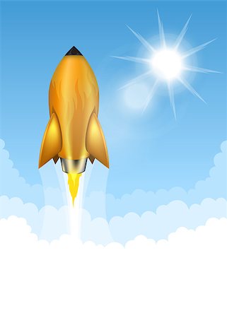 rocket flames - Gold rocket launch on blue sky background Photographie de stock - Aubaine LD & Abonnement, Code: 400-09171558