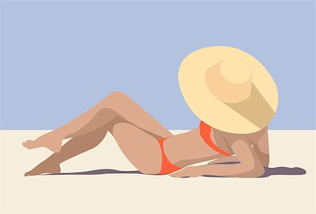 Girl in the hat and bikini sunbathing on the sunny beach minimalistic color vector Stock Photo - Budget Royalty-Free & Subscription, Code: 400-09171573