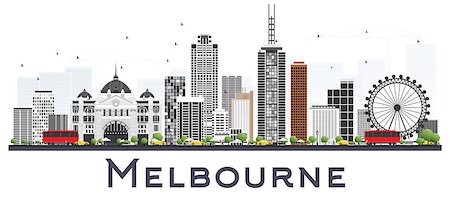 simsearch:400-08617286,k - Melbourne Australia City Skyline with Gray Buildings Isolated on White Background. Vector Illustration. Business Travel and Tourism Concept with Modern Buildings. Melbourne Cityscape with Landmarks. Stock Photo - Budget Royalty-Free & Subscription, Code: 400-09171613